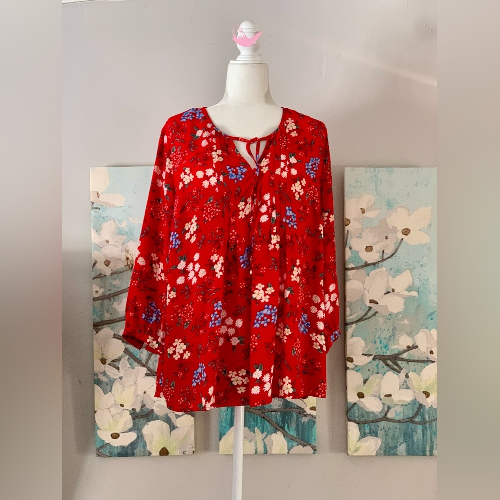 Kenar Red Floral Blouse With Ties